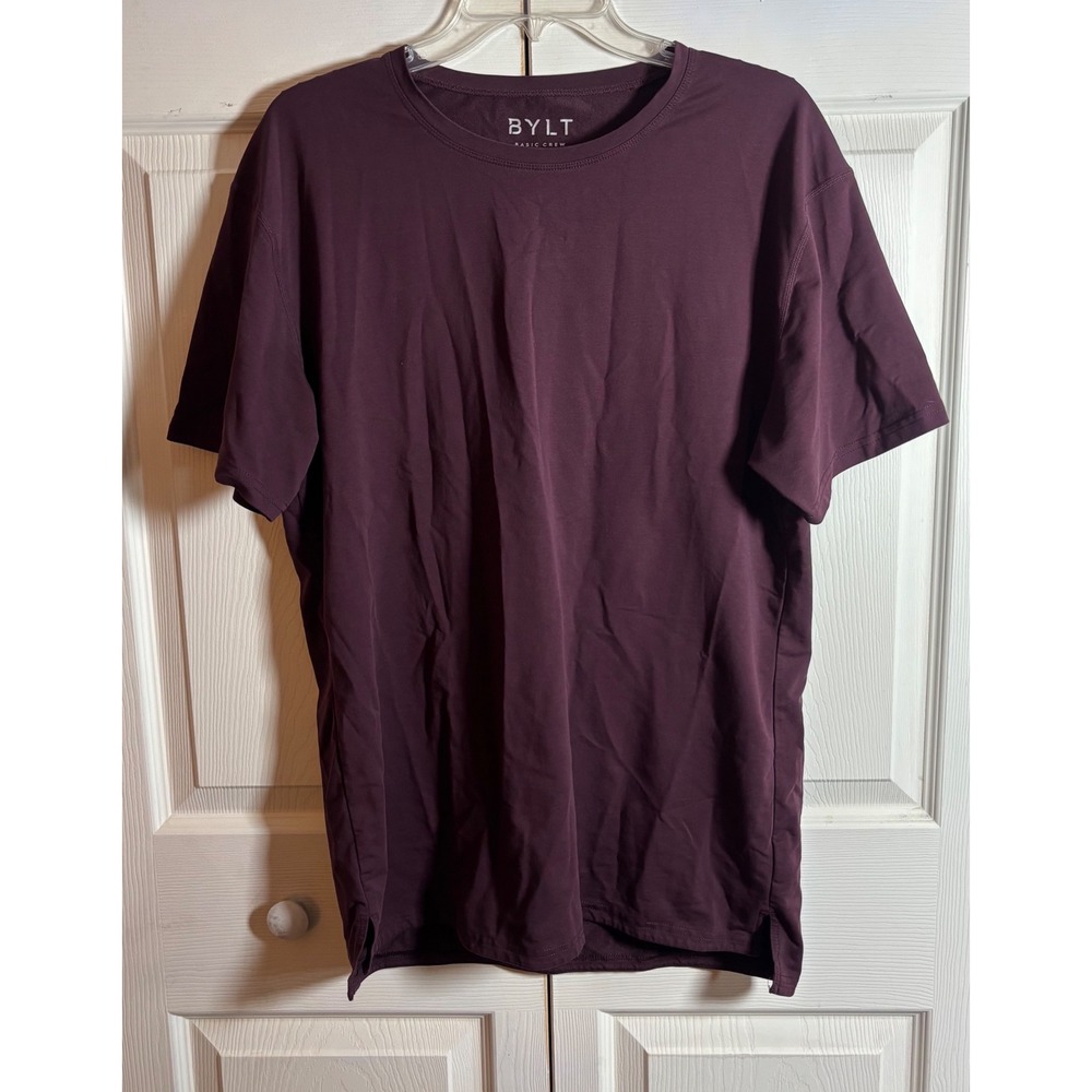 BYLT Basic Crew Split Hem Lux T-Shirt Mens Large Burgundy Maroon Short Sleeve